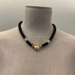 Black Beaded Necklace with Faux Pearl  and Diamond Accents.
